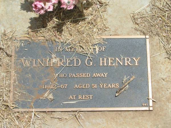 Winifred G. HENRY,  | died 11-12-67 aged 51 years;  | Jandowae Cemetery, Wambo Shire  | 