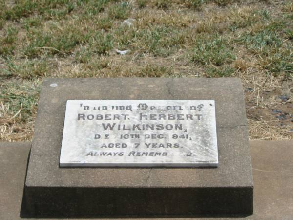 Robert Herbert WILKINSON,  | died 10 Dec 1941 aged 7 years;  | Jandowae Cemetery, Wambo Shire  | 