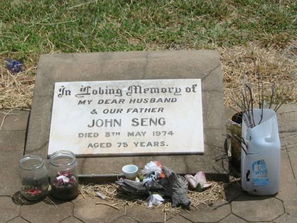 John SENG,  | husband father,  | died 8 May 1974 aged 75 years;  | Jandowae Cemetery, Wambo Shire  | 