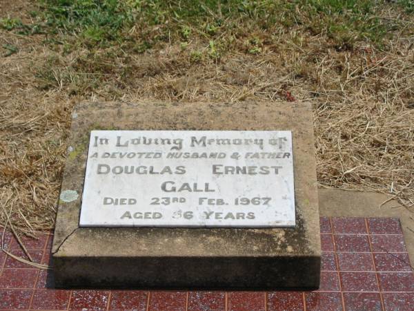 Douglas Ernest GALL,  | husband father,  | died 23 Feb 1967 aged 56 years;  | Jandowae Cemetery, Wambo Shire  | 