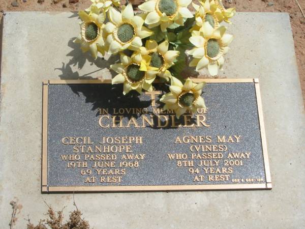 Cecil Joseph Stanhope CHANDLER,  | died 19 Jan 1968 aged 69 years;  | Agnes May (Vines) CHANDLER,  | died 8 July 2001 aged 94 years;  | Jandowae Cemetery, Wambo Shire  | 
