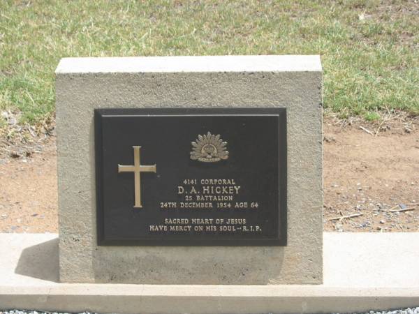 D.A. HICKEY,  | died 24 Dec 1954 aged 64 years;  | Jandowae Cemetery, Wambo Shire  | 