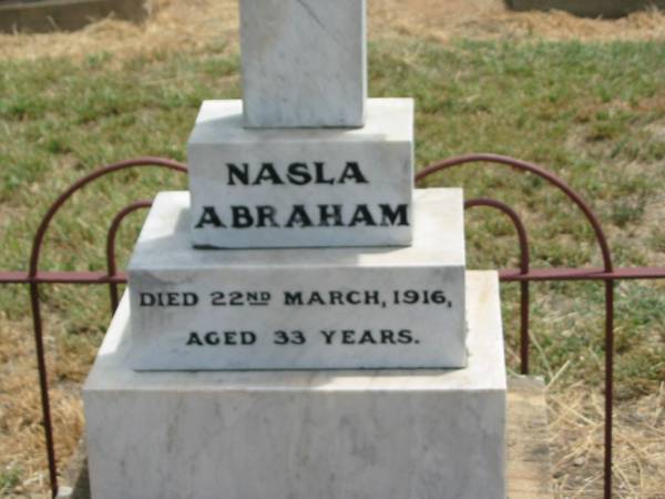 Nasla ABRAHAM,  | died 22 March 1916 aged 33 years;  | Jandowae Cemetery, Wambo Shire  | 
