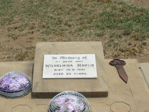 Wilhelmina MARTIN,  | wife,  | died 10-6-1981 aged 85 years;  | Jandowae Cemetery, Wambo Shire  | 