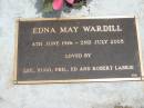Edna May WARDILL, 4 June 1916 - 2 July 2005, loved by Lee, Hugo, Phil, Ed & Robert Labrie; Jandowae Cemetery, Wambo Shire 