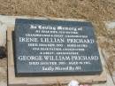 
Irene Lillian PRICHARD,
wife mother grandmother great-grandmother,
died 28 Nov 1993 aged 68 years;
George William PRICHARD,
father grandfather great-grandfather,
died 26 Feb 2005 aged 90 years;
Jandowae Cemetery, Wambo Shire
