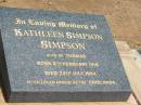 Kathleen SIMPSON, wife of Thomas, born 8 Feb 1918, died 24 July 1994, friend of the CRIDLANDS; Jandowae Cemetery, Wambo Shire 