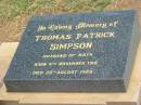 Thomas Patrick SIMPSON, husband of Kath, born 4 Nov 1918, died 29 Aug 1989; Jandowae Cemetery, Wambo Shire 