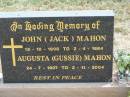 John (Jack) MAHON, 15-10-1908 - 2-4-1984; Augusta (Gussie) MAHON, 24-7-1907 - 2-11-2004; Jandowae Cemetery, Wambo Shire 