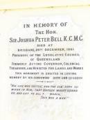 Joshua Peter BELL, died Brisbane 20 Dec 1881, erected widow & children; Joshua Thomas BELL, son, died 10 March 1911 aged 48 years; Margaret Miller BELL (nee DORSEY), wife mother, 1849 - 1914; Jimbour Station Historic Cemetery, Wambo Shire  