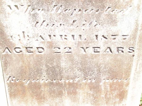 Margaret,  | wife of W. MCLELLAND,  | died 12 April 1877 aged 22 years;  | Jimbour Station Historic Cemetery, Wambo Shire  | 
