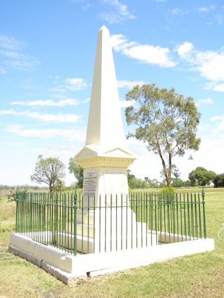 Joshua Peter BELL,  | died Brisbane 20 Dec 1881,  | erected widow & children;  | Joshua Thomas BELL,  | son,  | died 10 March 1911 aged 48 years;  | Margaret Miller BELL (nee DORSEY),  | wife mother,  | 1849 - 1914;  | Jimbour Station Historic Cemetery, Wambo Shire  |   | 