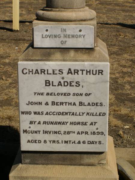 Charles Arthur BLADES,  | son of John & Bertha BLADES,  | accidentally killed by runaway horse at Mt Irving  | 28 April 1899 aged 8 years 1 month 6 days;  | Jondaryan cemetery, Jondaryan Shire  | 