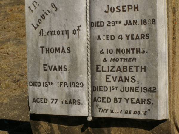 Thomas EVANS,  | died 15 Sept 1929 aged 77 years;  | Joseph,  | died 29 Jan 1898 aged 4 years 10 months;  | Elizabeth EVANS,  | mother,  | died 1 June 1942 aged 87 years;  | Jondaryan cemetery, Jondaryan Shire  | 