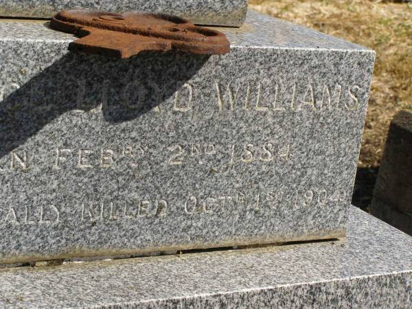 William Charles WILLIAMS,  | died 15 Nov 1913 aged 68 years;  | Ann Charlotte WILLIAMS,  | accidentally killed at Esk  | 25 Aug 1908 aged 56 years;  | Maurice Lloyd WILLIAMS,  | born 2 Feb 1884,  | accidentally killed 1 Oct 1904;  | Jondaryan cemetery, Jondaryan Shire  | 