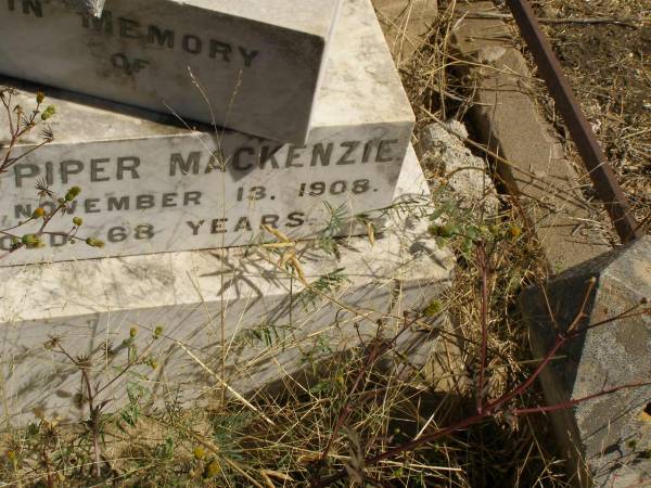 John Piper MACKENZIE,  | died 13 Nov 1908 aged 68 years;  | Ella Maria MACKENZIE,  | wife of John Piper MACKENZIE,  | died 8 Aug 1912 aged 52 years;  | Jondaryan cemetery, Jondaryan Shire  | 