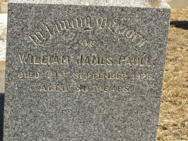 William James PAULL,  | died 21 Sept 1926 aged 80 years;  | William Lyell PAULL,  | son,  | died 19 Feb 1928 aged 34 years;  | Jondaryan cemetery, Jondaryan Shire  | 