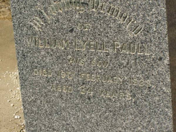William James PAULL,  | died 21 Sept 1926 aged 80 years;  | William Lyell PAULL,  | son,  | died 19 Feb 1928 aged 34 years;  | Jondaryan cemetery, Jondaryan Shire  | 