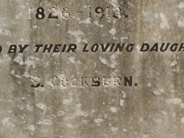 parents;  | W. HODSON,  | 1819 - 1907;  | L. HODSON,  | 1826 - 1913,  | erected by daughter S. COCKBURN;  | Jondaryan cemetery, Jondaryan Shire  | 