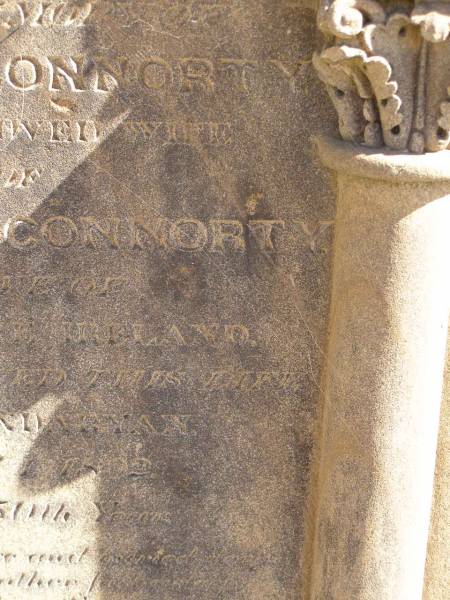 Mary CONNORTY,  | wife of Thomas CONNORTY,  | native of Co Killarney Ireland,  | died Jondaryan 1 June 1892 in 50th? year,  | erected by son Patrick CONNORTY;  | Jondaryan cemetery, Jondaryan Shire  | 