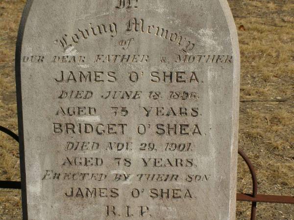 James O'SHEA,  | father,  | died 18 June 1896 aged 75 years;  | Bridget O'SHEA,  | mother,  | died 29 Nov 1901 aged 78 years;  | erected by son James O'SHEA;  | James O'SHEA,  | died 22 Aug 1925 aged 70 years;  | Dennis O'SHEA,  | died 13 Mach 1941 aged 77 years;  | Jondaryan cemetery, Jondaryan Shire  | 