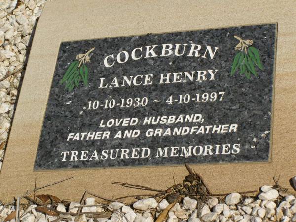 Lance Henry COCKBURN,  | 10-10-1930 - 4-10-1997,  | husband father grandfather;  | Jondaryan cemetery, Jondaryan Shire  | 