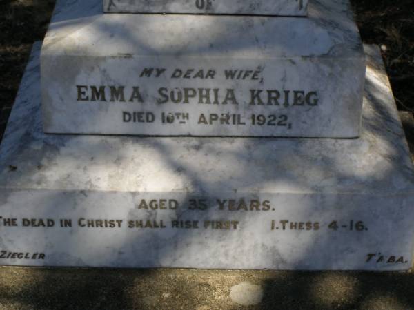 Emma Sophia KRIEG,  | wife,  | died 10 April 1922 aged 35 years;  | Jondaryan cemetery, Jondaryan Shire  | 