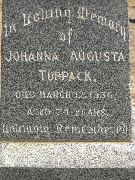 Johanna Augusta TUPPACK,  | died 12 March 1936 aged 74 years;  | Jondaryan cemetery, Jondaryan Shire  | 