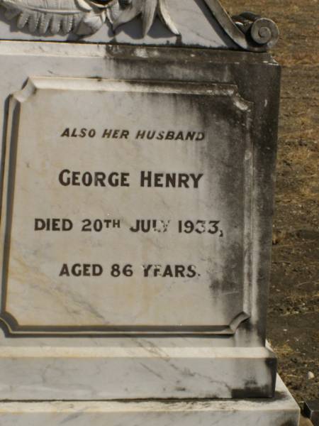 Caroline WICKS,  | died 8 May 1926 aged 72 years,  | erected by husband & family;  | George Henry,  | husband,  | died 20 July 1933 aged 86 years;  | Jondaryan cemetery, Jondaryan Shire  | 