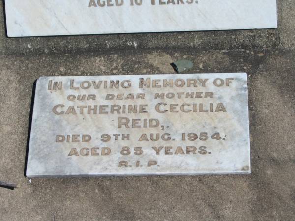 Robert Bruce REID,  | died 28 Feb 1923 aged 10 years;  | Catherine Cecilia REID,  | mother,  | died 9 Aug 1954 aged 85 years;  | Jondaryan cemetery, Jondaryan Shire  | 