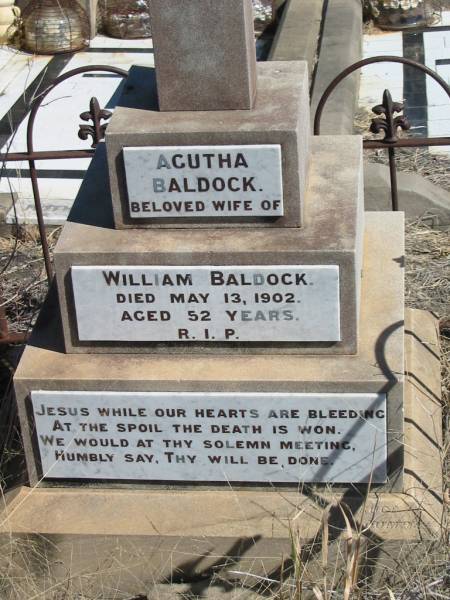 Agutha BALDOCK,  | wife of William BALDOCK,  | died 13 May 1902 aged 52 years;  | Jondaryan cemetery, Jondaryan Shire  | 