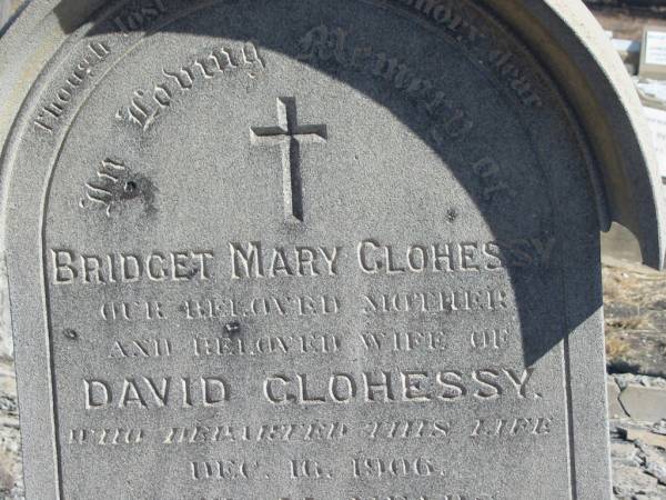 Bridget Mary CLOHESSY,  | mother,  | wife of David CLOHESSY,  | died 16 Dec 1906 aged 33 years;  | Annie CLOHESSY,  | daughter,  | died 4 March 1895 aged 3 years;  | Jondaryan cemetery, Jondaryan Shire  | 