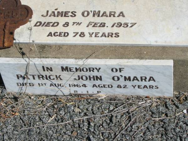 John O'MARA,  | County Tipperary,  | died Lagoon Creek 2 Aug 1900;  | Catherine O'MARA,  | County Cork,  | died Lagoon Creek 12 Aug 1912;  | James O'MARA,  | died 8 Feb 1957 aged 78 years;  | Patrick John O'MARA,  | died 1 Aug 1964 aged 82 years;  | Jondaryan cemetery, Jondaryan Shire  | 