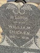 
parents;
William CHICKEN,
1851 - 1936;
Elizabeth CHICKEN,
1952 - 1935;
George Bryant;
Baby CHICKEN;
Jondaryan cemetery, Jondaryan Shire
