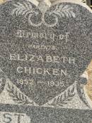 
parents;
William CHICKEN,
1851 - 1936;
Elizabeth CHICKEN,
1952 - 1935;
George Bryant;
Baby CHICKEN;
Jondaryan cemetery, Jondaryan Shire
