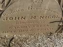 
John MCNICOL,
died Lagoon Creek 24 Dec 1886 aged 82? years;
Jondaryan cemetery, Jondaryan Shire
