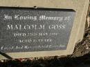 
Malcolm GOSS,
died 22 May 1994 aged 36 years;
Jondaryan cemetery, Jondaryan Shire
