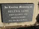 Selena GOSS, died 4 Sept 1990 aged 30 years; Jondaryan cemetery, Jondaryan Shire 