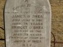 James O'SHEA, father, died 18 June 1896 aged 75 years; Bridget O'SHEA, mother, died 29 Nov 1901 aged 78 years; erected by son James O'SHEA; James O'SHEA, died 22 Aug 1925 aged 70 years; Dennis O'SHEA, died 13 Mach 1941 aged 77 years; Jondaryan cemetery, Jondaryan Shire 