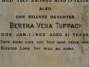 Edwin John TUPPACK, son, died 23 July 1902 aged 17 years; Bertha Vera TUPPACK, daughter, died 1 Jan 1903 aged 21 years; Jondaryan cemetery, Jondaryan Shire 