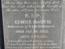 
George SHOECRAFT,
died West Prairie 16 June 1902 aged 63 years;
George Martin,
son of P. & M. SHOECRAFT,
died 30 Dec 1925 aged 3 years;
Jondaryan cemetery, Jondaryan Shire
