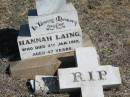 
Hannah LAING,
died 4 Jan 1910 aged 47 years;
Jondaryan cemetery, Jondaryan Shire
