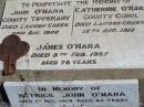 John O'MARA, County Tipperary, died Lagoon Creek 2 Aug 1900; Catherine O'MARA, County Cork, died Lagoon Creek 12 Aug 1912; James O'MARA, died 8 Feb 1957 aged 78 years; Patrick John O'MARA, died 1 Aug 1964 aged 82 years; Jondaryan cemetery, Jondaryan Shire 