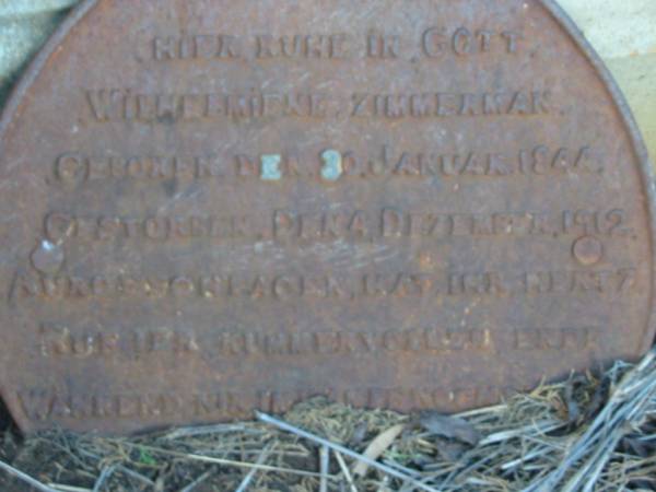 Wilhelmine ZIMERMAN  | (geb SCHULZ)  |   | Wilhelmiene ZIMMERMAN  | geb 30 Jan 1844  | gest 4 Dezember 1912  |   | Engelsburg Baptist Cemetery, Kalbar, Boonah Shire  | 