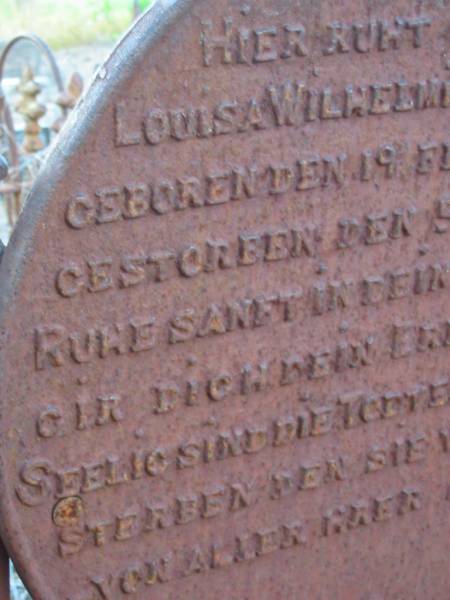 Louisa Wilhelmine SCHOSSOW  | geb 19 Feb 1834  | gest 5 Nov 1911  | Engelsburg Baptist Cemetery, Kalbar, Boonah Shire  | 