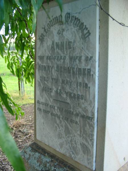 Annie  | (wife of) Henry SCHNEIDER  | 7 May 1919, aged 48  | Engelsburg Baptist Cemetery, Kalbar, Boonah Shire  | 