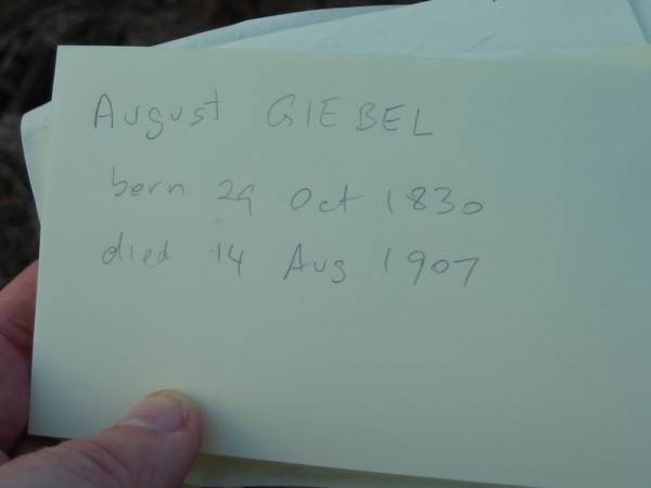 August GIEBEL  | b: 29 Oct 1830, d: 14 Aug 1907  | Engelsburg Baptist Cemetery, Kalbar, Boonah Shire  | 