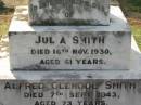 Julia SMITH 16 Nov 1930, aged 61 Alfred Glencoe SMITH 7 Sep 1943, aged 73  Kalbar Catholic Cemetery, Boonah Shire 