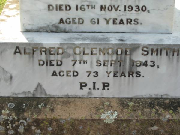 Julia SMITH  | 16 Nov 1930, aged 61  | Alfred Glencoe SMITH  | 7 Sep 1943, aged 73  |   | Kalbar Catholic Cemetery, Boonah Shire  | 