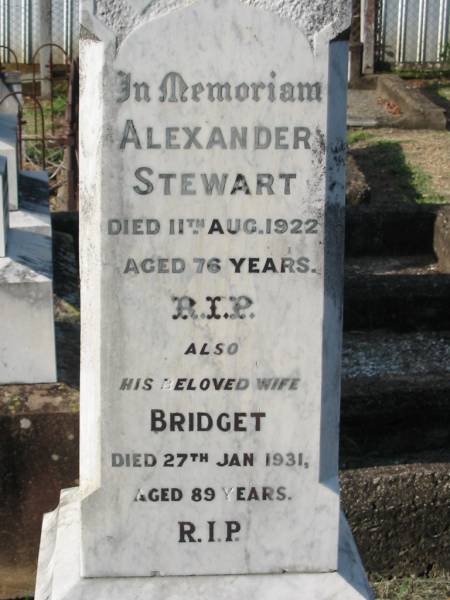 Alexander STEWART  | 11 Aug 1922, aged 76  | Bridget (STEWART)  | 27 Jan 1931, aged 89  |   | Elizabeth HOHENSEE  | b: 13 Jun 1877, d: 4 Aug 1935, aged 58  |   | John HOHENSEE  | b: 1 Mar 1872, d: 29 Sep 1931, aged 59  |   | Johann HOHENSEE  | 21 Dec 1925, aged 87  |   | Kalbar Catholic Cemetery, Boonah Shire  | 